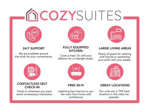 a sign describing the types of xoxo services at Cozy House 10min to Monuments! 10min to DC by CozySuites in Arlington