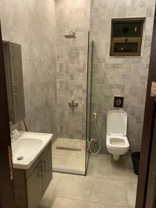 a bathroom with a shower and a toilet and a sink at Madaba hills Villa in Dulaylat al Ḩamāʼidah