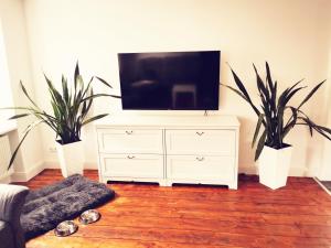 ein Wohnzimmer mit einem TV auf einer weißen Kommode in der Unterkunft Ferienhaus VioLin in Traben-Trarbach