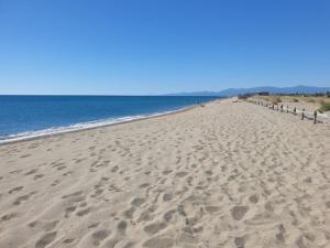 una playa con huellas en la arena y el océano en Jolie petite villa climatisée proche de la mer, en Torreilles