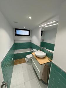 a bathroom with a sink and a toilet and a tub at Passivhaus con jardín en La Rioja in Entrena