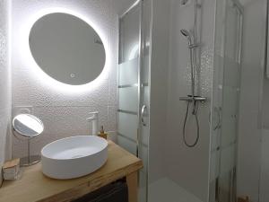y baño con lavabo y ducha con espejo. en Appartement au centre de TREBEURDEN et à 400m de la plage - Réf 662, en Trébeurden