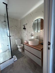 La salle de bains est pourvue d'un lavabo, de toilettes et d'un miroir. dans l'établissement люкс квартира в центре города - все удобства - ждем Вас!, à Karaganda