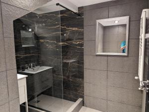 a bathroom with a shower with a sink and a mirror at Citizen Kane Lodge - Hospedaje Gourmet in San Carlos de Bariloche