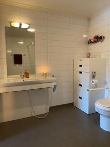 a bathroom with a sink and a toilet and a mirror at Hus i landlige omgivelser nær Granåsen skianlegg in Trondheim