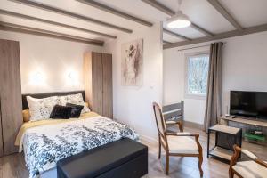 een slaapkamer met een bed, een tv en een stoel bij La Bayardine in Sarlat-la-Canéda