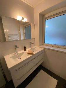 a bathroom with a sink and a large window at Zonnehoek Terherne in Terherne