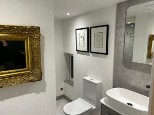 a bathroom with a toilet and a sink and a mirror at Baytree House in Harrogate