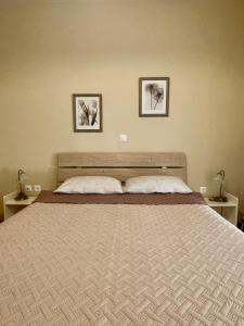 um quarto com uma cama grande e duas fotografias na parede em Camelia Apartment em Nafplio