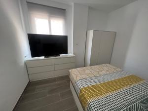 a bedroom with a bed and a flat screen tv at Apartamentos Montalvo Metropolis C in Torremolinos