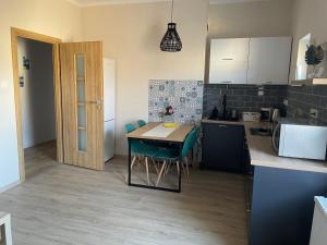 cocina con mesa y sillas en una habitación en Liliom Apartman Békéscsaba en Békéscsaba