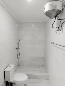 a white bathroom with a toilet and a shower at Central District Apartment (Abuja) in Aso