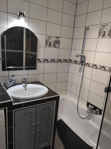 a bathroom with a sink and a shower and a tub at Holiday home in Kereki - Balaton 48110 in Kereki