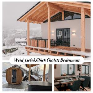 a collage of photos of a house with a wood liftedickick checklist checklist at Chalets Woid_Liebe&Glück in Bodenmais