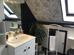 un baño con lavabo y espejo en Coup de cœur assuré ! CALM Comme à la Maison ! maison spacieuse avec grande terrasse pour 2 à 5 personnes proximité Granville et mer avec wifi et parking gratuits, en Granville 51 fotos más