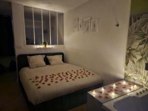 a small bedroom with a bed with lights on it at Suite romantique tropicale in Vienne