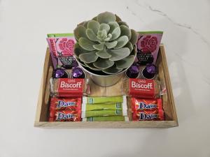 a tray with a cactus and some snacks and a plant at Suite romantique tropicale in Vienne