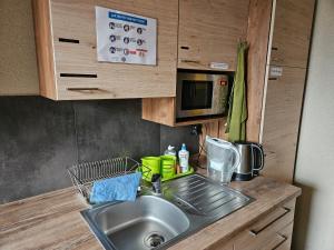 um balcão de cozinha com um lavatório e um micro-ondas em Pokoje gościnne Winnica Celtica em Sobótka