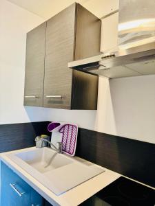 uma cozinha com um lavatório branco e armários de madeira em Appartement 2 pièces tout équipé à 100 m de la plage avec place de parking em Saint-Hilaire-de-Riez