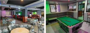 two pictures of a restaurant with a pool table at BRIMAK HOTEL in Embakasi