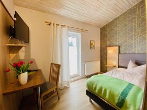 um quarto com uma cama e uma secretária com uma televisão em Hotel Zur Kutsche em Oberschöna