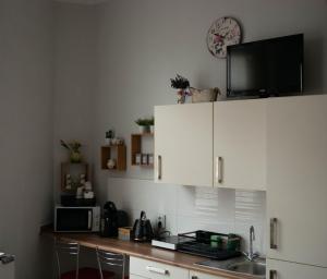 - une cuisine avec un plan de travail, un évier et un four micro-ondes dans l'établissement Apartament przy synagodze, à Przemyśl