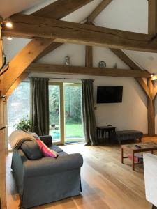 a living room with a couch and a tv at Oak Lodge in Tavistock