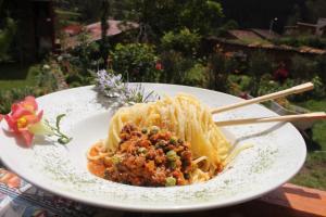 un plato de espaguetis en una mesa con palillos chinos en Inka Dream, en Cachora