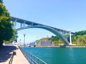 eine Brücke über einen Fluss neben einem Wasserkörper in der Unterkunft Gaia Panoramic Terrace Apartment - D. Pedro V in Vila Nova de Gaia