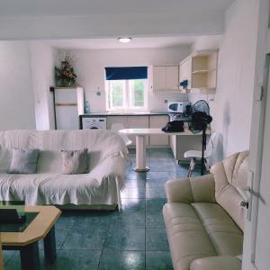 a living room with two couches and a kitchen at White Sand Cabana in Flic-en-Flac