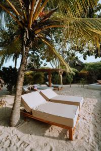 - un lit sur la plage à côté d'un palmier dans l'établissement Seconda Stella, à Jambiani