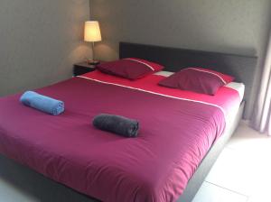 uma grande cama rosa com duas almofadas em Moderne woning Malmedy em Malmedy