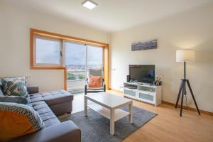 ein Wohnzimmer mit einer Couch, einem Tisch und einem Fernseher in der Unterkunft Gaia Panoramic Terrace Apartment - D. Pedro V in Vila Nova de Gaia