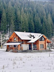 a log cabin with snow on top of it at Căsuța ta de la munte in Broşteni