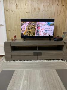 a flat screen tv sitting on top of a entertainment center at Apartment near Geneva Airport and Palexpo in Geneva