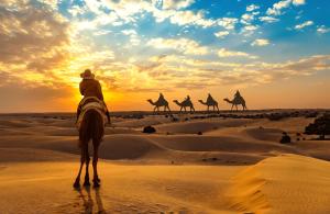Un groupe de gens à dos de chameau dans le désert dans l'établissement Jaisalmer Royal Desert Safari Camp, à Sām