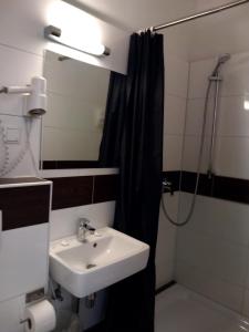 a bathroom with a sink and a shower at Hotel Karolinger in Düsseldorf