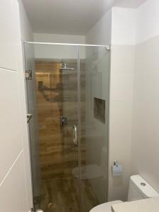 y baño con ducha y puerta de cristal. en Moderno departamento Vallecito, en Arequipa