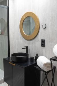 uma casa de banho com um lavatório preto e um espelho em E Fauvette appartement de standing avec terrasse em Épernay