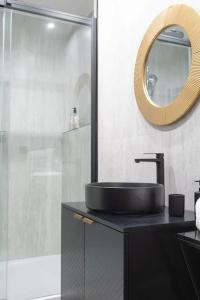 een badkamer met een wastafel en een spiegel en een douche bij E Fauvette appartement de standing avec terrasse in Épernay