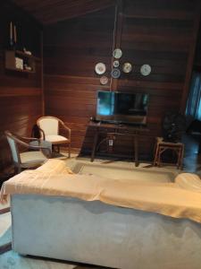 Paz na Serra Teresopolis في تيريسوبوليس: غرفة معيشة مع سرير وتلفزيون