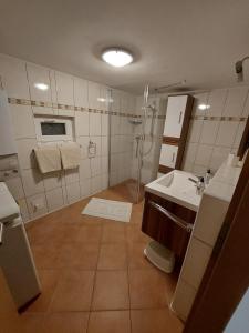 y baño con ducha y lavamanos. en Chata Boží Dar 63, en Boží Dar