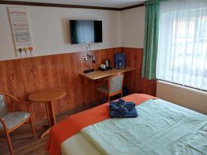 a bedroom with a bed and a table and a television at Landhotel Waldschlößchen in Sohland