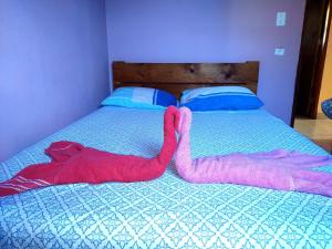 a bed with two pink towels on it at POUSADA DO BAR- BUDO in Visconde De Maua