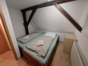 a small room with two beds in a attic at Chata Boží Dar 63 in Boží Dar