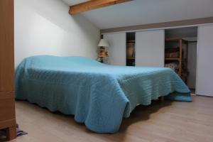 a bed in a room with a blue blanket on it at Meublé 2* climatisé dans un quartier calme in Dijon