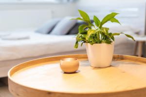 a table with a plant and a cup on it at Apartmán Belveder s terasou in Banská Bystrica
