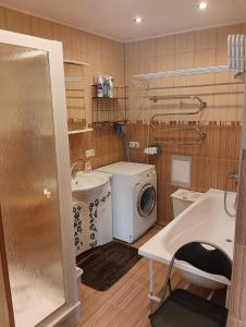 a bathroom with a washing machine and a sink at Ainas flat in Saldus