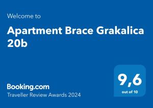 Сертификат, награда, вывеска или другой документ, выставленный в Apartment Brace Grakalica 20b
