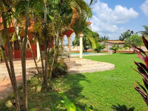 a garden with palm trees in front of a house at La Belle Vie Là de Ouidah in Ouidah